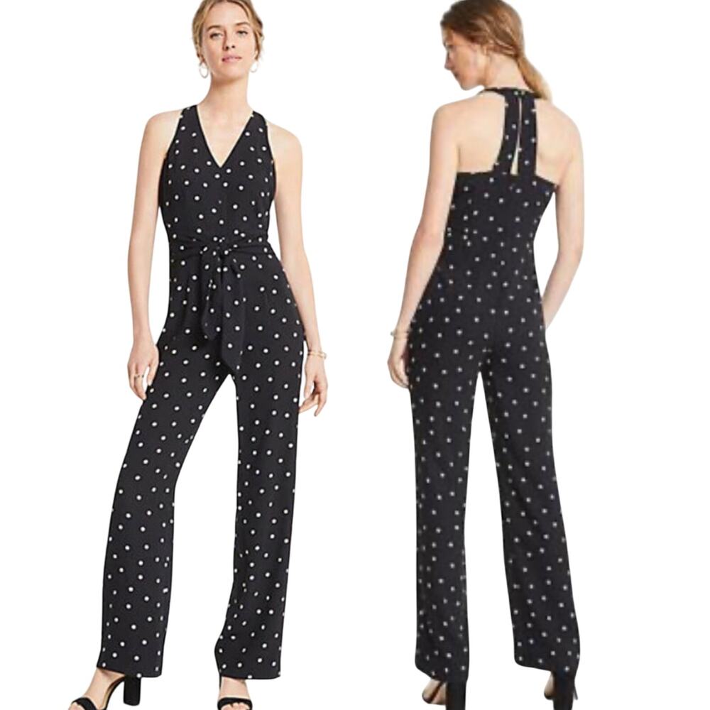 Ann Taylor Polka Dot Jumpsuit Racerback Wide Leg Sleeveless Black Beige Womens 2